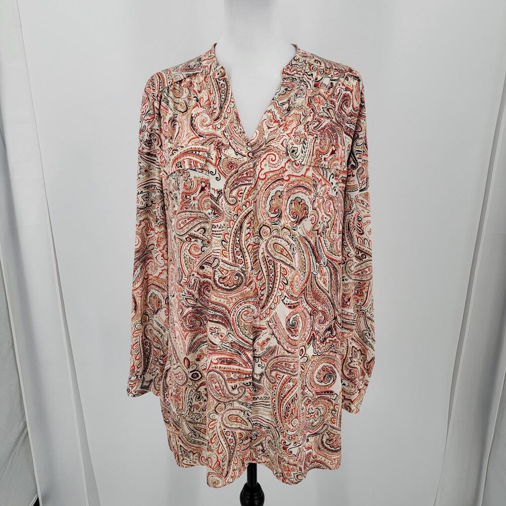 Chico's Blouse Womens Size 2 /US 12/14 Paisley Button Up Satin Split Neck Pocket